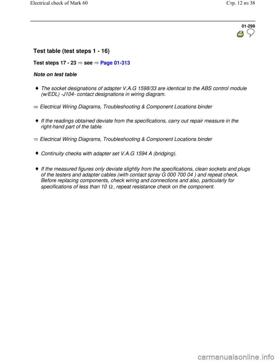 VOLKSWAGEN JETTA 1998 Service Manual Downloaded from www.Manualslib.com manuals search engine 01-299
Test table (test steps 1 - 16)
Test steps 17 - 23 see Page 01
-313
Note on test table
The socket designations of adapt VOLKSWAGEN JETTA 1998 Service Manual Downloaded from www.Manualslib.com manuals search engine 01-299
Test table (test steps 1 - 16)
Test steps 17 - 23 see Page 01
-313
Note on test table
The socket designations of adapt