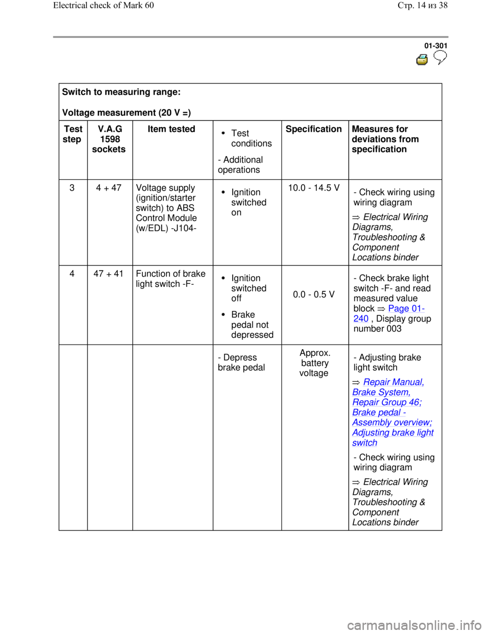 VOLKSWAGEN JETTA 1998  Service Manual Downloaded from www.Manualslib.com manuals search engine 01-301
  
 
Switch to measuring range:  
Voltage measurement (20 V =)  
Test 
step  V.A.G 
1598 
sockets  Item tested  
Test 
conditions 
- Add