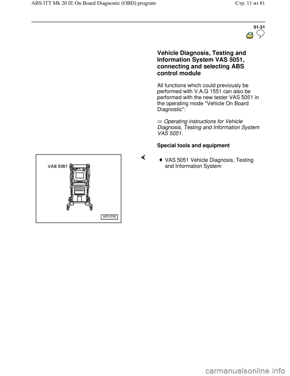 VOLKSWAGEN JETTA 1998 Owners Guide Downloaded from www.Manualslib.com manuals search engine 01-31
Vehicle Diagnosis, Testing and
Information System VAS 5051,
connecting and selecting ABS
control module
All functio VOLKSWAGEN JETTA 1998 Owners Guide Downloaded from www.Manualslib.com manuals search engine 01-31
Vehicle Diagnosis, Testing and
Information System VAS 5051,
connecting and selecting ABS
control module
All functio