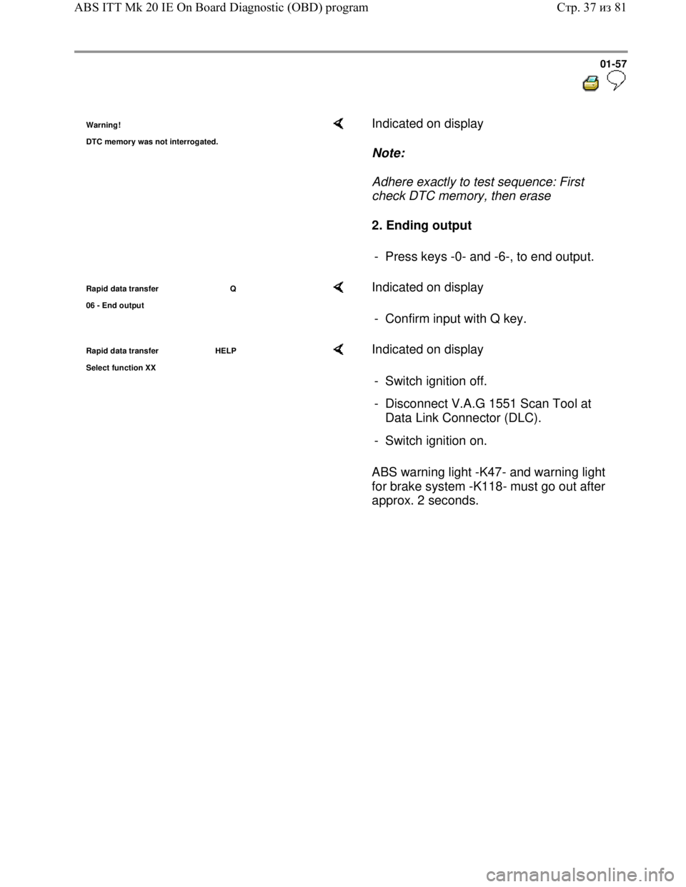 VOLKSWAGEN JETTA 1998 Service Manual Downloaded from www.Manualslib.com manuals search engine 01-57
Warning!
DTC memor
y was not interrogated.
Indicated on display
Note:
Adhere exactly to test sequence: First
check DTC memo VOLKSWAGEN JETTA 1998 Service Manual Downloaded from www.Manualslib.com manuals search engine 01-57
Warning!
DTC memor
y was not interrogated.
Indicated on display
Note:
Adhere exactly to test sequence: First
check DTC memo