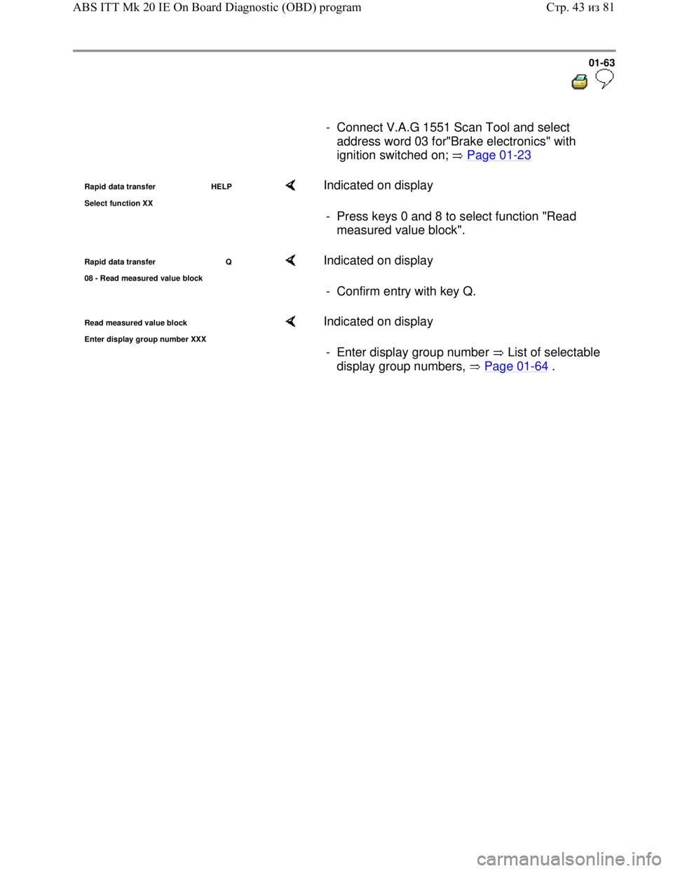 VOLKSWAGEN JETTA 1998 Repair Manual Downloaded from www.Manualslib.com manuals search engine 01-63
- Connect V.A.G 1551 Scan Tool and select
address word 03 for"Brake electronics" with
ignition switched on; Page 01
-23
VOLKSWAGEN JETTA 1998 Repair Manual Downloaded from www.Manualslib.com manuals search engine 01-63
- Connect V.A.G 1551 Scan Tool and select
address word 03 for"Brake electronics" with
ignition switched on; Page 01
-23