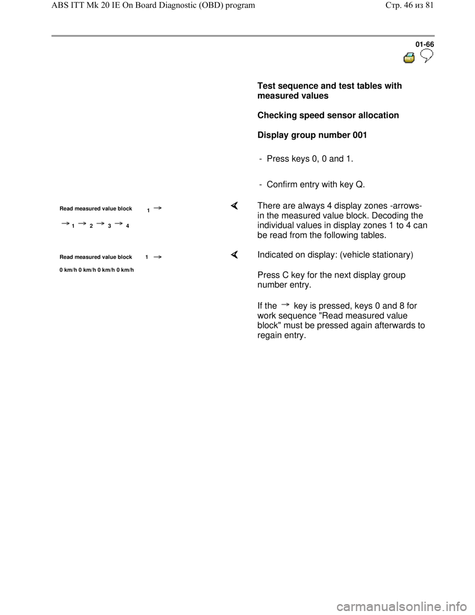 VOLKSWAGEN JETTA 1998 Owners Manual Downloaded from www.Manualslib.com manuals search engine 01-66
Test sequence and test tables with
measured values
Checking speed sensor allocation
Display group number 001 VOLKSWAGEN JETTA 1998 Owners Manual Downloaded from www.Manualslib.com manuals search engine 01-66
Test sequence and test tables with
measured values
Checking speed sensor allocation
Display group number 001