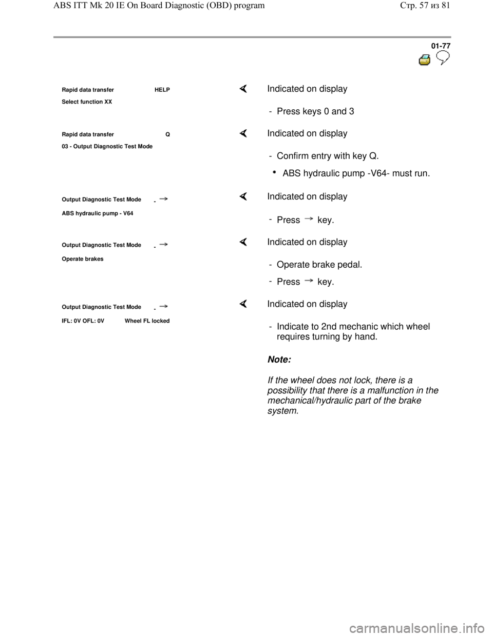 VOLKSWAGEN JETTA 1998  Service Manual Downloaded from www.Manualslib.com manuals search engine 01-77
  
 
Rapid data transfer  HELP
Select function XX    Indicated on display  
-  Press keys 0 and 3 
Rapid data transfer  Q
03 - Out
put Di