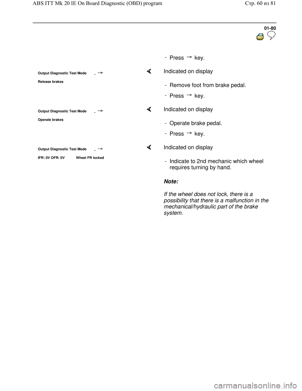 VOLKSWAGEN JETTA 1998  Service Manual Downloaded from www.Manualslib.com manuals search engine 01-80
  
 
     
- 
Press  key.
Output Diagnostic Test Mode 
-
Release brakes
    Indicated on display  
-  Remove foot from brake pedal.
- 
Pr