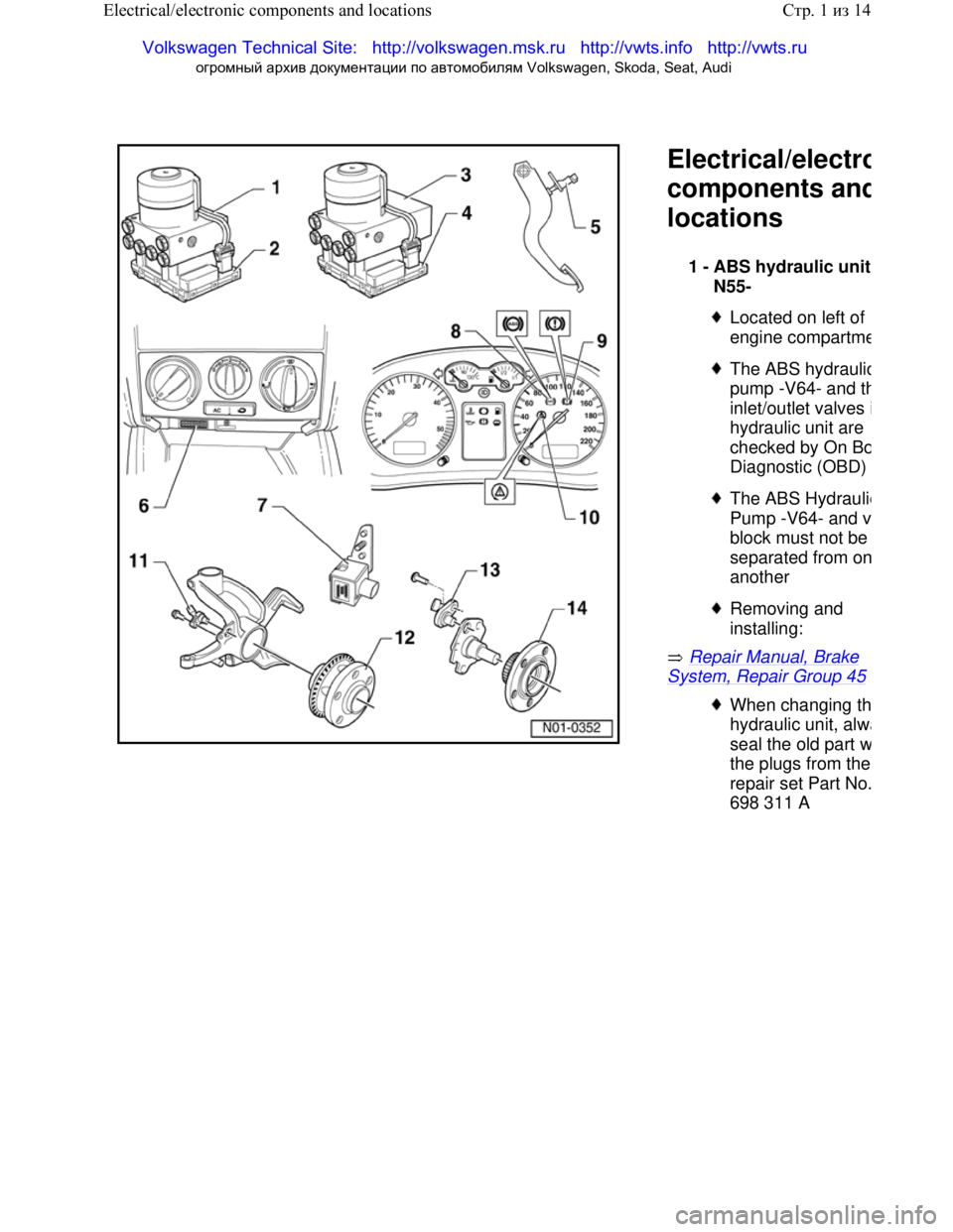 VOLKSWAGEN JETTA 1998  Service Manual Downloaded from www.Manualslib.com manuals search engine 
  Electrical/electro
components and
locations 
 Repair Manual, Brake 
System, Repair Group 45 
1 -
 
ABS hydraulic unit 
N55-  
 
Located on l