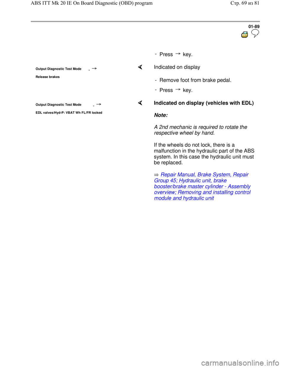 VOLKSWAGEN JETTA 1998  Service Manual Downloaded from www.Manualslib.com manuals search engine 01-89
  
 
     
- 
Press  key.
Output Diagnostic Test Mode 
-
Release brakes
    Indicated on display  
-  Remove foot from brake pedal.
- 
Pr