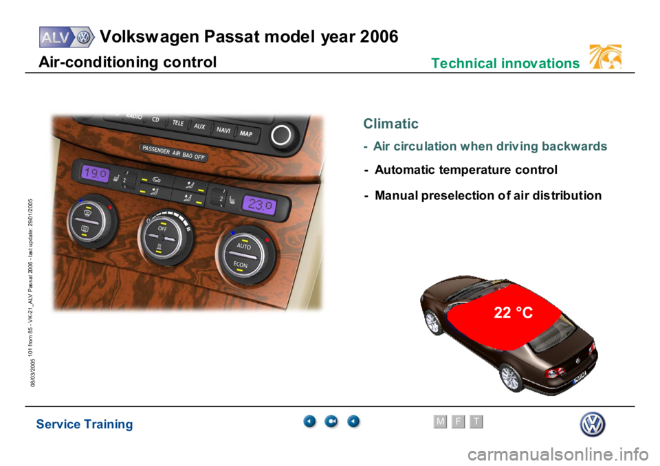 VOLKSWAGEN PASSAT 2006  Service Training Service Training
Volksw agen Passat model year 2006
F
M
T
Te chnical innov ations
101 from 85 - VK-21_ALV Pas s at 2006 - las t update: 29/01/2005
08/03/2005A
ir-cond
itio
n
ing co
nt
ro
l
Clim
atic
-