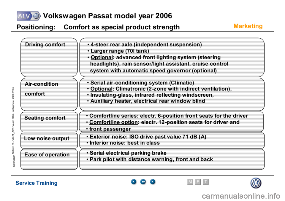 VOLKSWAGEN PASSAT 2006 Service Training Service Training
Volksw agen Passat model year 2006
F
M
T
Te chnical innov ations
16 from 85 - VK-21_ALV Pas s at 2006 - las t update: 29/01/2005
08/03/2005
Marke
ting
P
o
si
tioni
ng:
C
o
m
for
t VOLKSWAGEN PASSAT 2006 Service Training Service Training
Volksw agen Passat model year 2006
F
M
T
Te chnical innov ations
16 from 85 - VK-21_ALV Pas s at 2006 - las t update: 29/01/2005
08/03/2005
Marke
ting
P
o
si
tioni
ng:
C
o
m
for
t