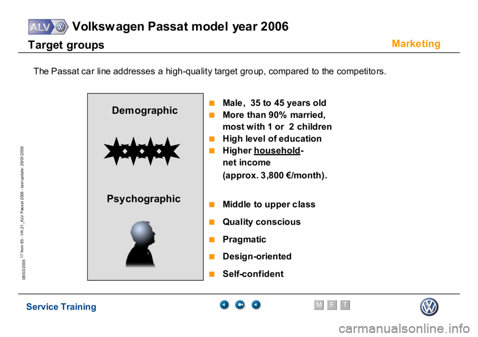 VOLKSWAGEN PASSAT 2006 Service Training Service Training
Volksw agen Passat model year 2006
F
M
T
Te chnical innov ations
17 from 85 - VK-21_ALV Pas s at 2006 - las t update: 29/01/2005
08/03/2005
Marke
ting
T
a
rg
et
gr
oups
T
he P
assatc VOLKSWAGEN PASSAT 2006 Service Training Service Training
Volksw agen Passat model year 2006
F
M
T
Te chnical innov ations
17 from 85 - VK-21_ALV Pas s at 2006 - las t update: 29/01/2005
08/03/2005
Marke
ting
T
a
rg
et
gr
oups
T
he P
assatc