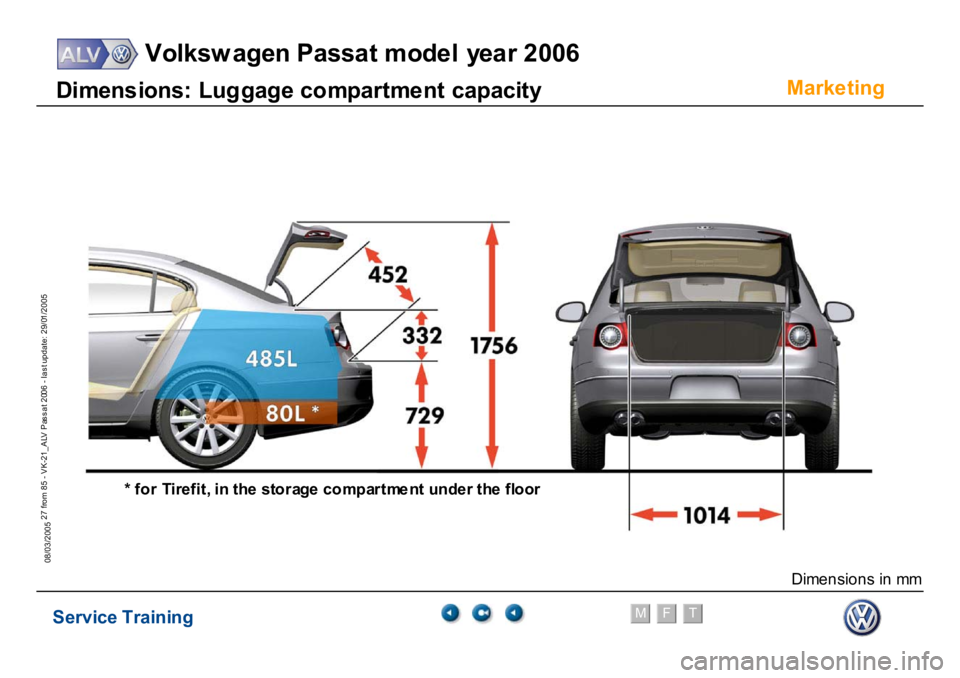 VOLKSWAGEN PASSAT 2006  Service Training Service Training
Volksw agen Passat model year 2006
F
M
T
Te chnical innov ations
27 from 85 - VK-21_ALV Pas s at 2006 - las t update: 29/01/2005
08/03/2005
Marke
ting
D
im
e
ns
ions:
 Lug
gage co
m
p