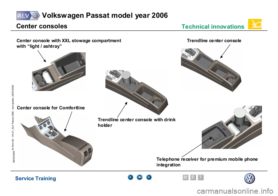 VOLKSWAGEN PASSAT 2006  Service Training Service Training
Volksw agen Passat model year 2006
F
M
T
Te chnical innov ations
43 from 85 - VK-21_ALV Pas s at 2006 - las t update: 29/01/2005
08/03/2005C
e
nt
er
consol
es
Teleph
on
e receiver for