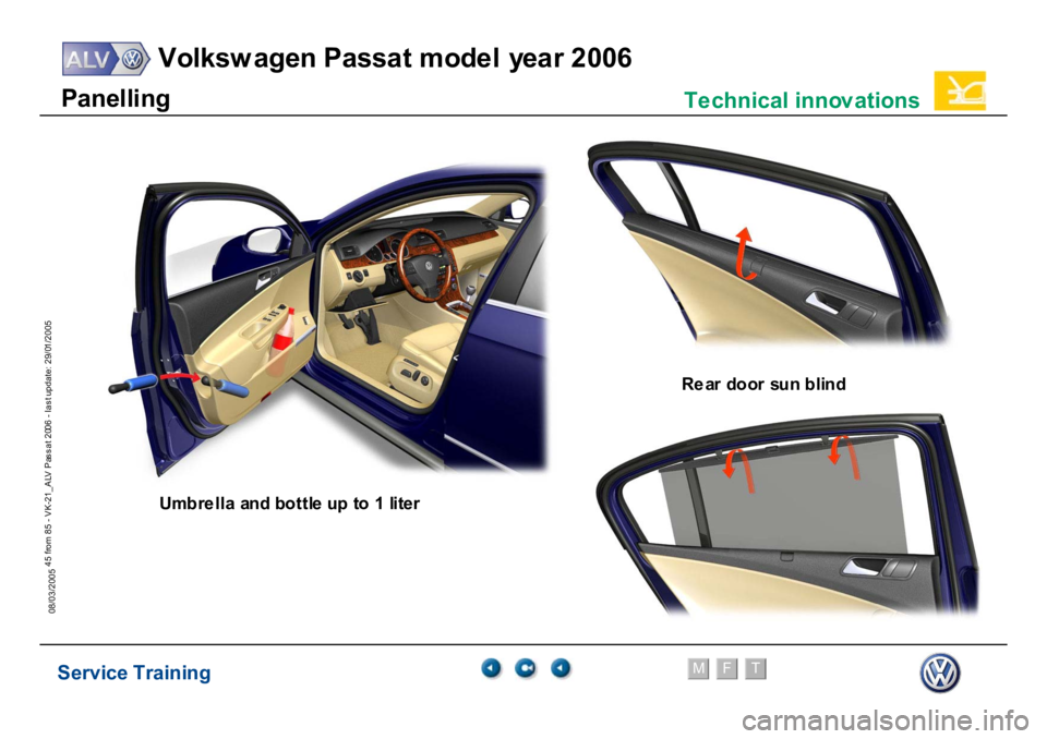VOLKSWAGEN PASSAT 2006  Service Training Service Training
Volksw agen Passat model year 2006
F
M
T
Te chnical innov ations
45 from 85 - VK-21_ALV Pas s at 2006 - las t update: 29/01/2005
08/03/2005
Um
brella a
nd bo
ttle up
 to 1
 liter
P
a
