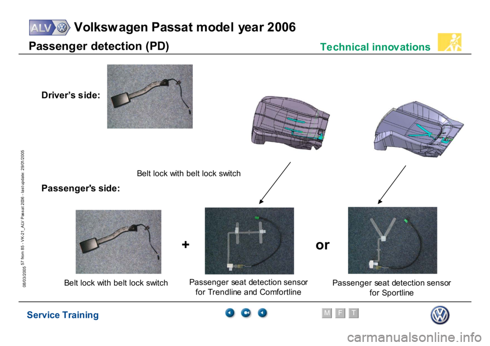 VOLKSWAGEN PASSAT 2006  Service Training Service Training
Volksw agen Passat model year 2006
F
M
T
Te chnical innov ations
57 from 85 - VK-21_ALV Pas s at 2006 - las t update: 29/01/2005
08/03/2005P
asseng
e
r det
ect
ion (
P
D
)
D
riv
er’