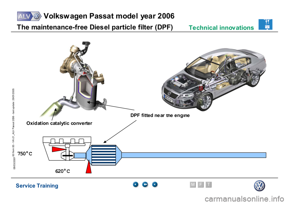 VOLKSWAGEN PASSAT 2006  Service Training Service Training
Volksw agen Passat model year 2006
F
M
T
Te chnical innov ations
60 from 85 - VK-21_ALV Pas s at 2006 - las t update: 29/01/2005
08/03/2005
620°
C
750°
C
T
h
e m
a
in
te
nance-
free