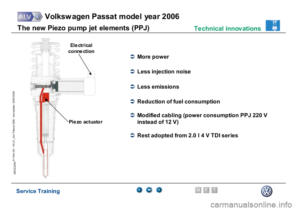 VOLKSWAGEN PASSAT 2006  Service Training Service Training
Volksw agen Passat model year 2006
F
M
T
Te chnical innov ations
61 from 85 - VK-21_ALV Pas s at 2006 - las t update: 29/01/2005
08/03/2005T
h
e new
 P
iez
o
p
u
m
p j
e
t el
e
m
ent
