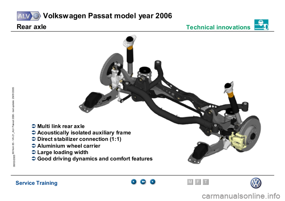 VOLKSWAGEN PASSAT 2006  Service Training Service Training
Volksw agen Passat model year 2006
F
M
T
Te chnical innov ations
68 from 85 - VK-21_ALV Pas s at 2006 - las t update: 29/01/2005
08/03/2005
�Â
M
u
lt
i li
n
k rear a
xle
�Â
A
co
u
s