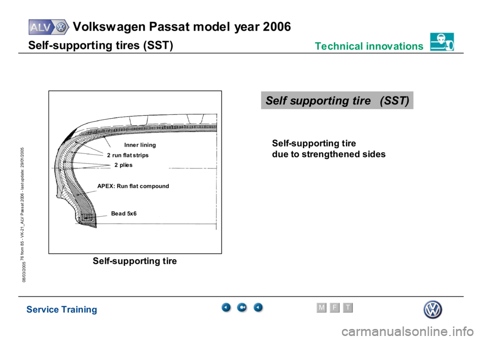 VOLKSWAGEN PASSAT 2006  Service Training Service Training
Volksw agen Passat model year 2006
F
M
T
Te chnical innov ations
76 from 85 - VK-21_ALV Pas s at 2006 - las t update: 29/01/2005
08/03/2005S
e
lf-s
uppor
ting t
ires (
S
S
T
)
S
elf-s