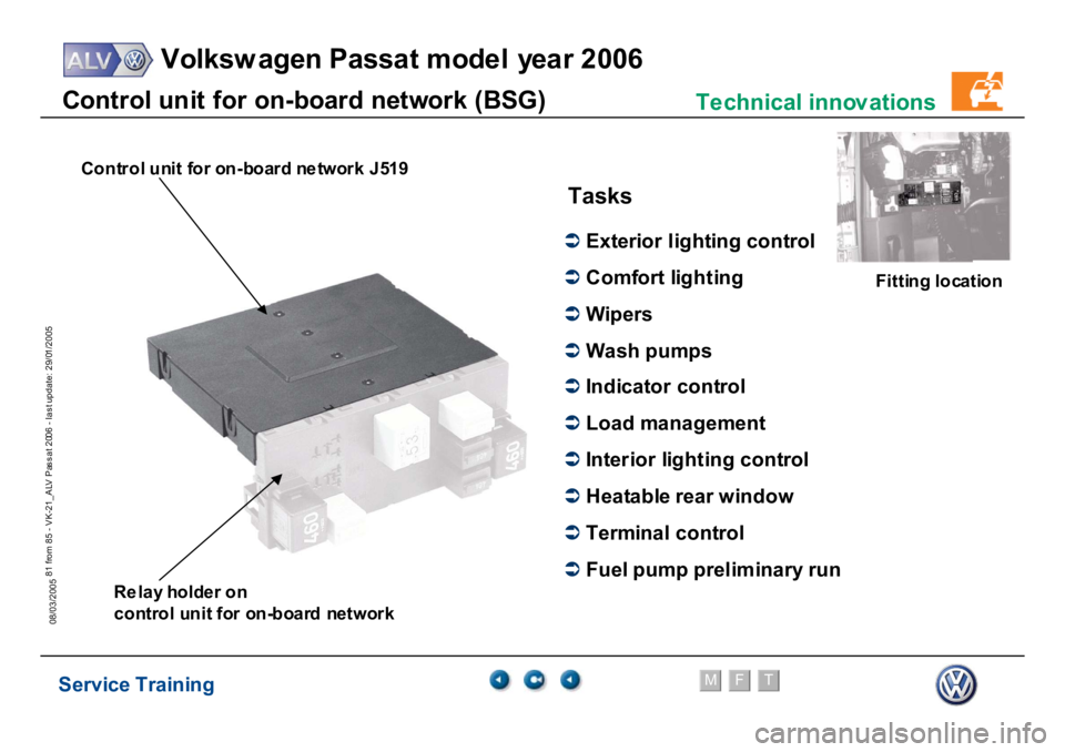 VOLKSWAGEN PASSAT 2006  Service Training Service Training
Volksw agen Passat model year 2006
F
M
T
Te chnical innov ations
81 from 85 - VK-21_ALV Pas s at 2006 - las t update: 29/01/2005
08/03/2005C
ont
ro
l un
it f
o
r on-
boar
d
 net
w
or
