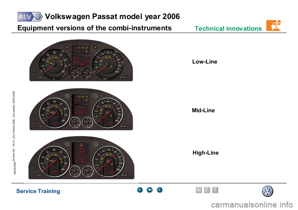 VOLKSWAGEN PASSAT 2006  Service Training Service Training
Volksw agen Passat model year 2006
F
M
T
Te chnical innov ations
82 from 85 - VK-21_ALV Pas s at 2006 - las t update: 29/01/2005
08/03/2005
Low
-L
in
e
M
id-
Li
ne
H
igh-
Li
ne
E
qui

