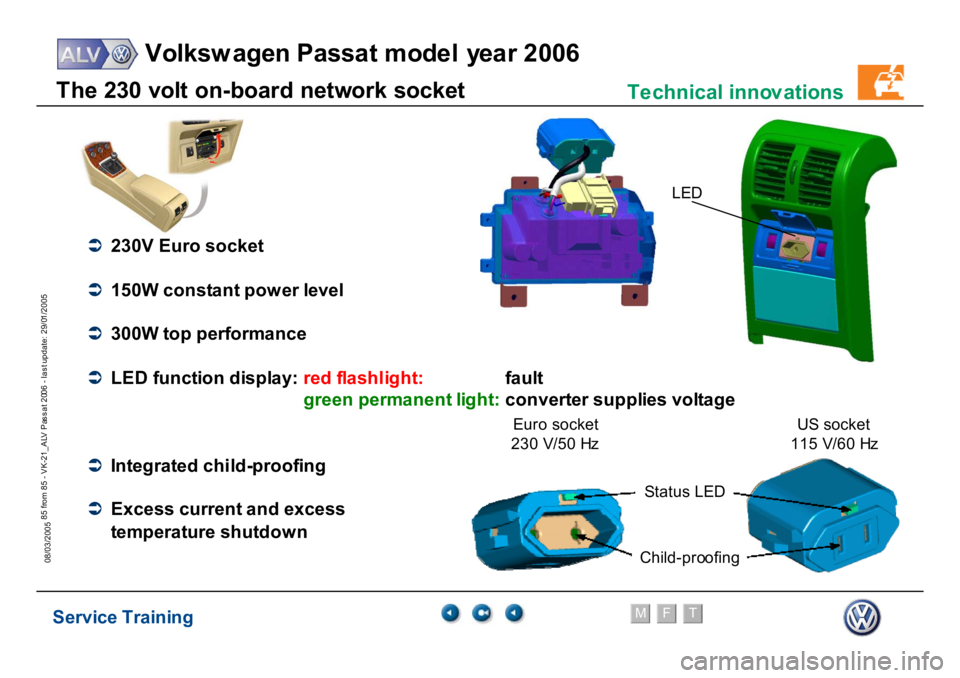 VOLKSWAGEN PASSAT 2006  Service Training Service Training
Volksw agen Passat model year 2006
F
M
T
Te chnical innov ations
85 from 85 - VK-21_ALV Pas s at 2006 - las t update: 29/01/2005
08/03/2005T
h
e 230 vol
t on-
boar
d
 net
w
or
k socke