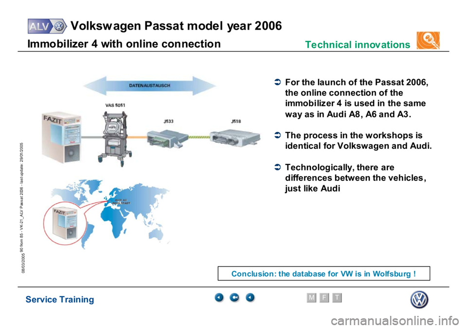 VOLKSWAGEN PASSAT 2006  Service Training Service Training
Volksw agen Passat model year 2006
F
M
T
Te chnical innov ations
90 from 85 - VK-21_ALV Pas s at 2006 - las t update: 29/01/2005
08/03/2005Im
m
o
b
iliz
e
r 4
 wit
h
 o
n
lin
e
 c
o
n
