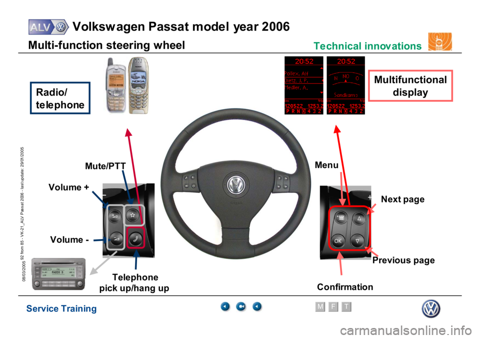 VOLKSWAGEN PASSAT 2006  Service Training Service Training
Volksw agen Passat model year 2006
F
M
T
Te chnical innov ations
92 from 85 - VK-21_ALV Pas s at 2006 - las t update: 29/01/2005
08/03/2005
Mu
te
/P
T
T
V
o
lu
m
e +
Te
lephone
pi
ck 