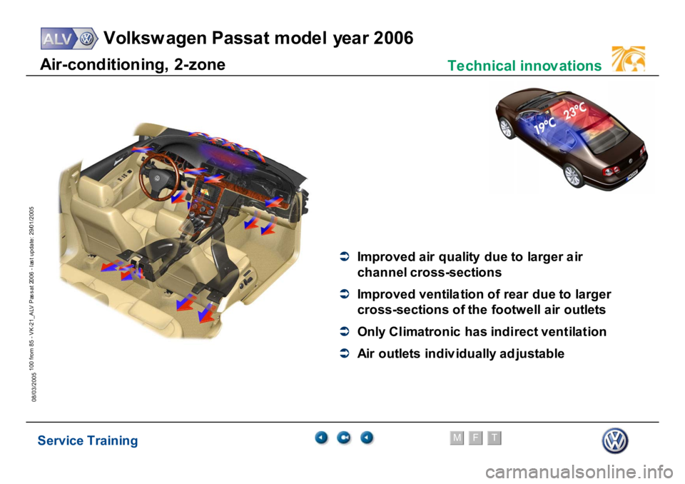 VOLKSWAGEN PASSAT 2006  Service Training Service Training
Volksw agen Passat model year 2006
F
M
T
Te chnical innov ations
100 from 85 - VK-21_ALV Pas s at 2006 - las t update: 29/01/2005
08/03/2005A
ir-cond
itio
n
ing,
 2-
zone
�Â
Im
p
ro
