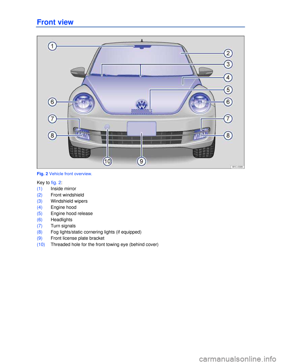 VOLKSWAGEN BEETLE 2013 3.G Owners Manual  
Front view 
 
Fig. 2 Vehicle front overview. 
Key to fig. 2: 
(1) Inside mirror  
(2) Front windshield 
(3) Windshield wipers  
(4) Engine hood  
(5) Engine hood release  
(6) Headlights  
(7) Turn 