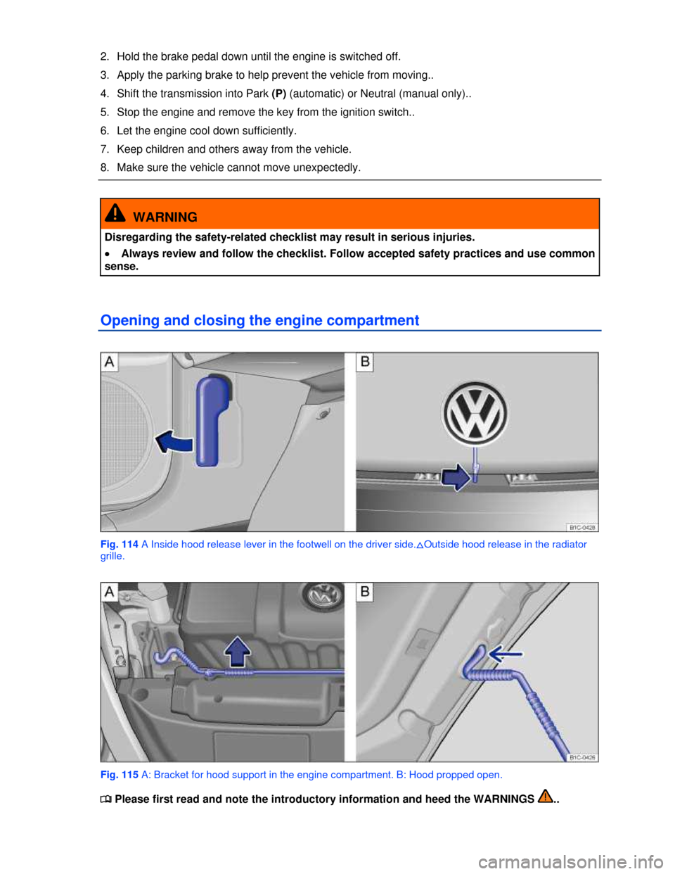 VOLKSWAGEN BEETLE 2013 3.G Owners Manual  
2.  Hold the brake pedal down until the engine is switched off. 
3.  Apply the parking brake to help prevent the vehicle from moving.. 
4.  Shift the transmission into Park (P) (automatic) or Neutra