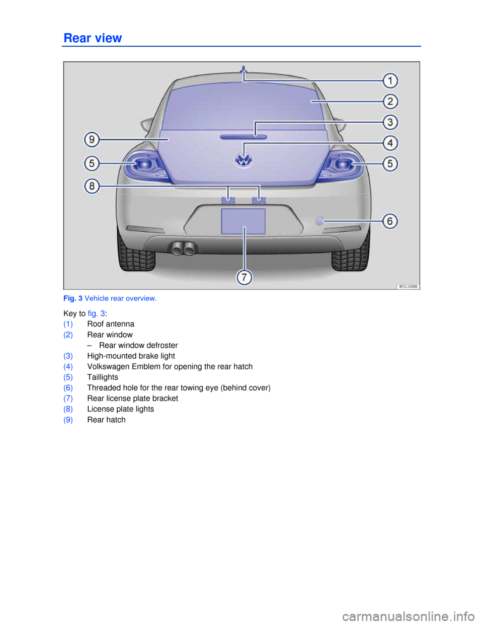 VOLKSWAGEN BEETLE 2013 3.G Owners Manual  
Rear view 
 
Fig. 3 Vehicle rear overview. 
Key to fig. 3: 
(1) Roof antenna  
(2) Rear window 
–  Rear window defroster  
(3) High-mounted brake light 
(4) Volkswagen Emblem for opening the rear 