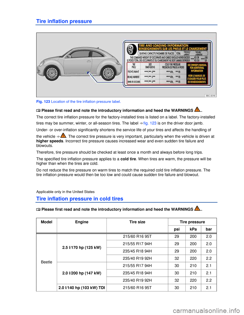 VOLKSWAGEN BEETLE 2013 3.G Owners Manual  
Tire inflation pressure 
 
Fig. 123 Location of the tire inflation pressure label. 
�