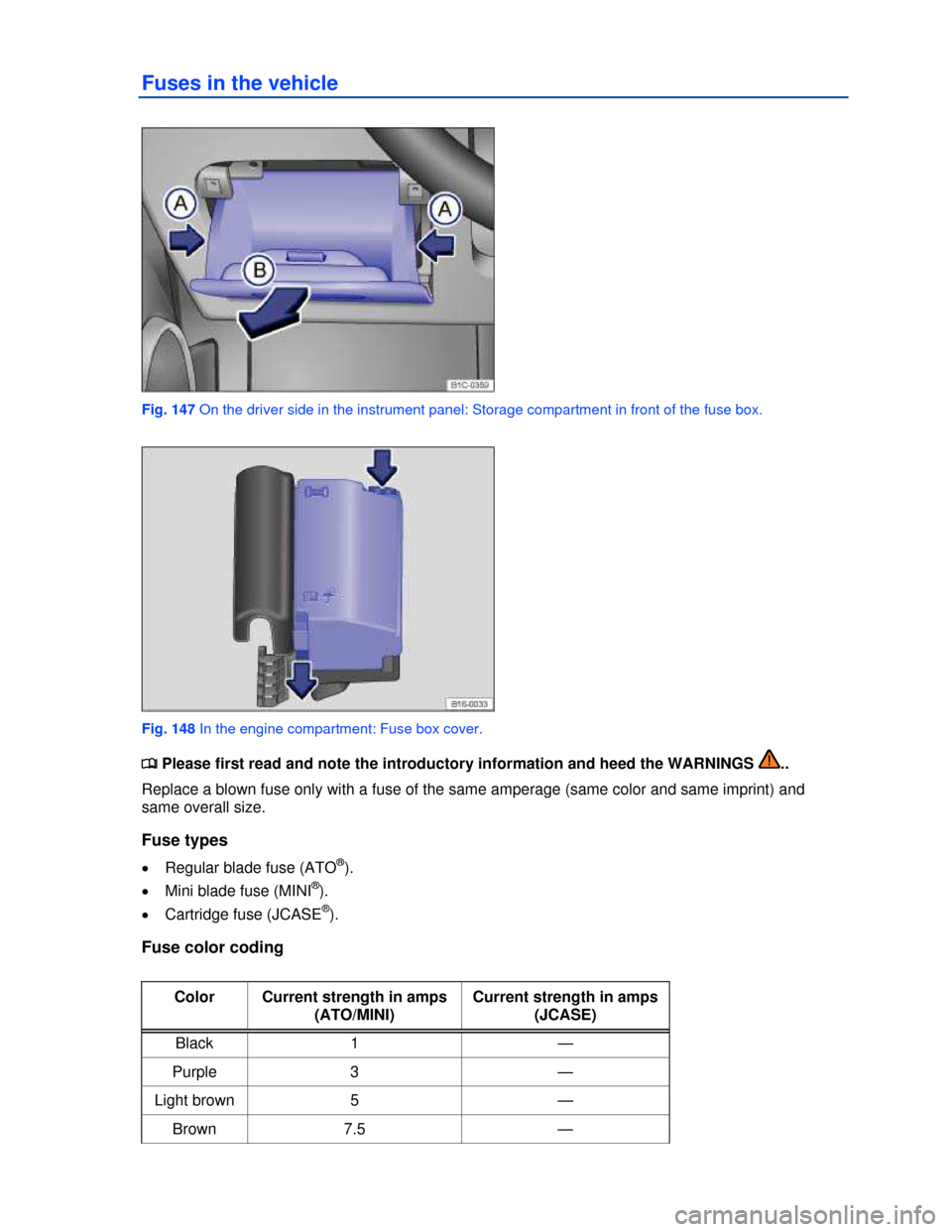 VOLKSWAGEN BEETLE 2013 3.G Owners Manual  
Fuses in the vehicle 
 
Fig. 147 On the driver side in the instrument panel: Storage compartment in front of the fuse box. 
 
Fig. 148 In the engine compartment: Fuse box cover. 
�