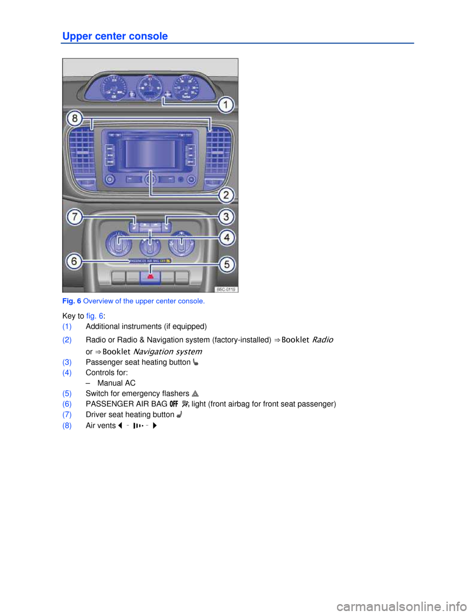 VOLKSWAGEN BEETLE 2013 3.G Owners Manual  
Upper center console 
 
Fig. 6 Overview of the upper center console. 
Key to fig. 6: 
(1) Additional instruments (if equipped)  
(2) Radio or Radio & Navigation system (factory-installed) ⇒ Book