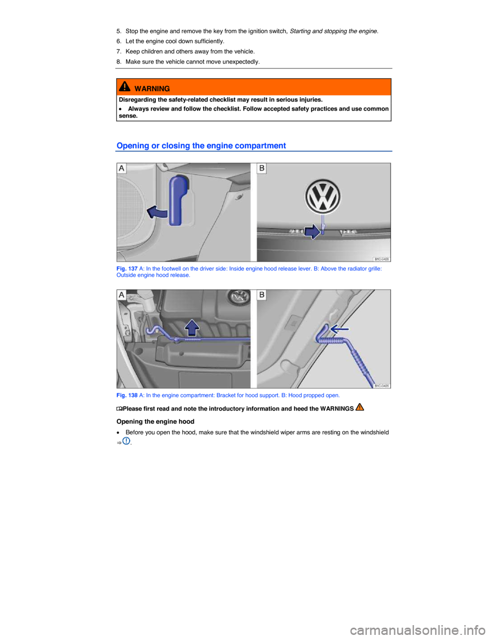 VOLKSWAGEN BEETLE 2014 3.G Owners Manual  
5.  Stop the engine and remove the key from the ignition switch, Starting and stopping the engine. 
6.  Let the engine cool down sufficiently. 
7.  Keep children and others away from the vehicle. 
8
