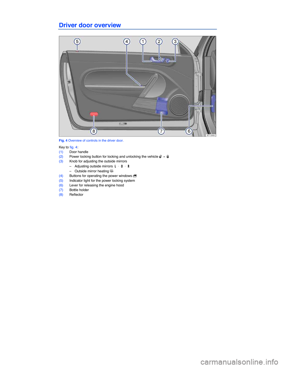 VOLKSWAGEN BEETLE 2014 3.G Owners Manual  
Driver door overview 
 
Fig. 4 Overview of controls in the driver door. 
Key to fig. 4: 
(1) Door handle  
(2) Power locking button for locking and unlocking the vehicle �0 �