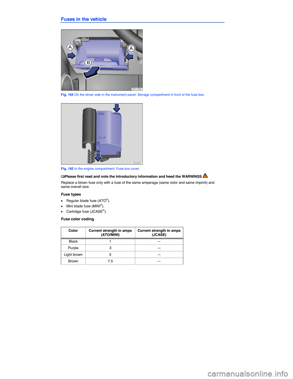 VOLKSWAGEN BEETLE 2014 3.G Owners Manual  
Fuses in the vehicle 
 
Fig. 164 On the driver side in the instrument panel: Storage compartment in front of the fuse box. 
 
Fig. 165 In the engine compartment: Fuse box cover. 
�