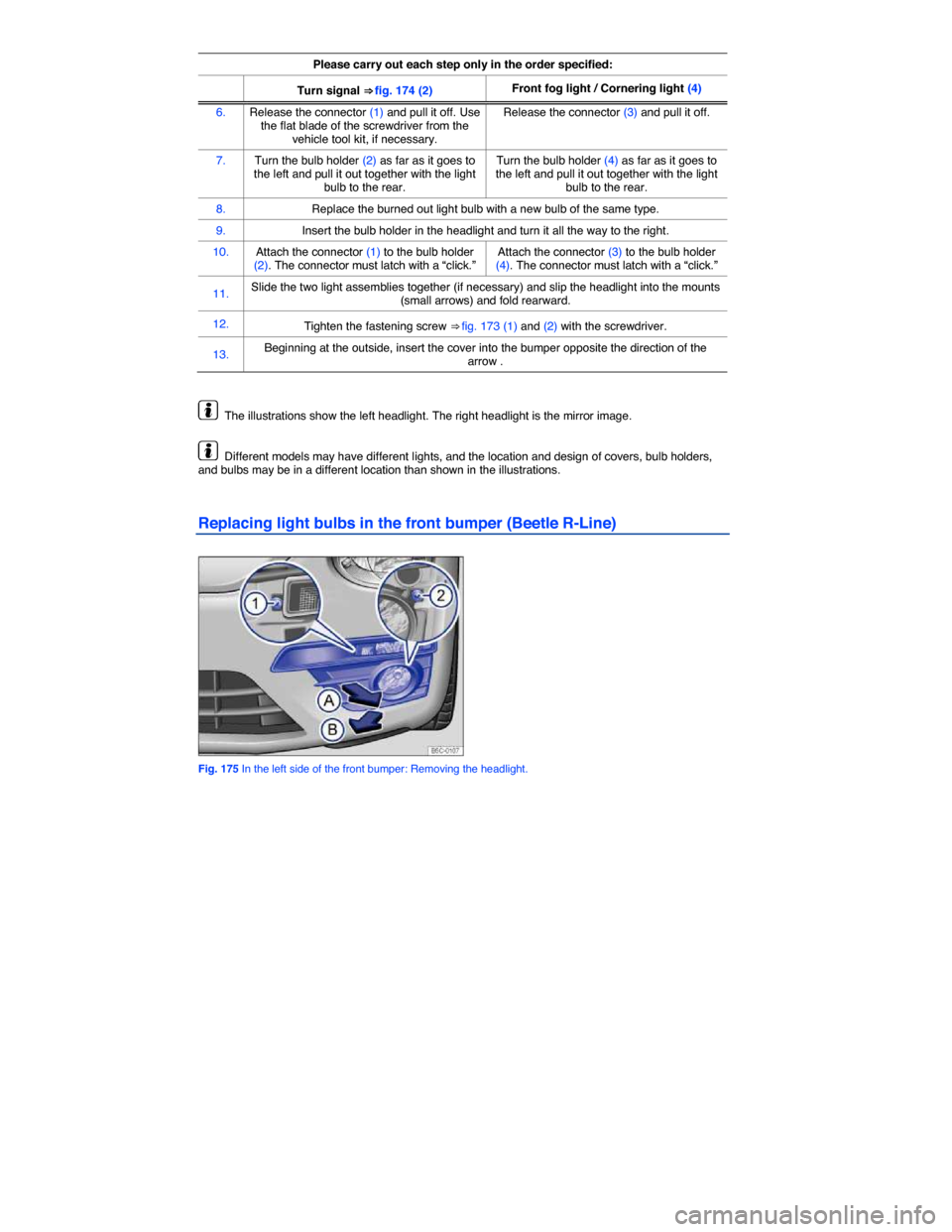 VOLKSWAGEN BEETLE 2014 3.G Owners Manual  
Please carry out each step only in the order specified:
 Turn signal ⇒ fig. 174 (2) Front fog light / Cornering light (4) 
6. Release the connector (1) and pull it off. Use the flat blade of the