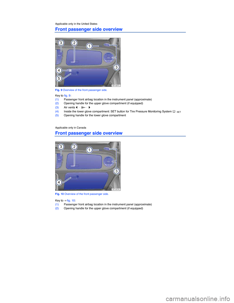 VOLKSWAGEN BEETLE 2014 3.G Owners Manual  
Applicable only in the United States 
Front passenger side overview 
 
Fig. 9 Overview of the front passenger side. 
Key to fig. 9: 
(1) Passenger front airbag location in the instrument panel (appr