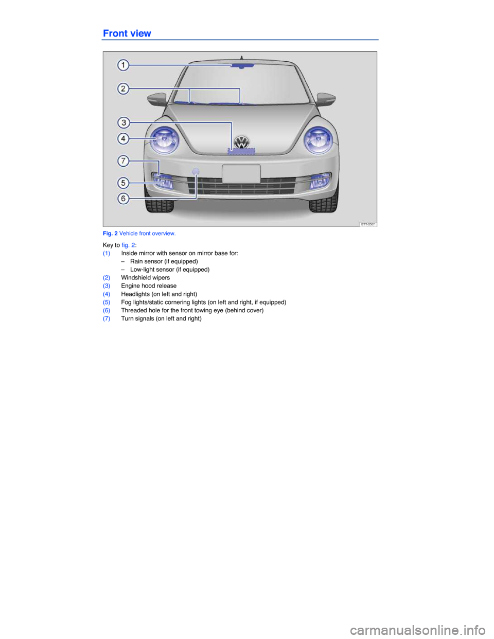 VOLKSWAGEN BEETLE 2015 3.G Owners Manual  
Front view 
 
Fig. 2 Vehicle front overview. 
Key to fig. 2: 
(1) Inside mirror with sensor on mirror base for: 
–  Rain sensor (if equipped)  
–  Low-light sensor (if equipped)  
(2) Windshield