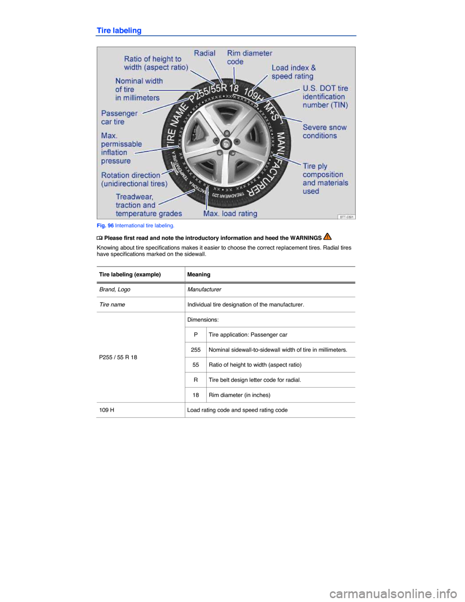 VOLKSWAGEN BEETLE 2015 3.G Owners Manual  
Tire labeling 
 
Fig. 96 International tire labeling. 
�