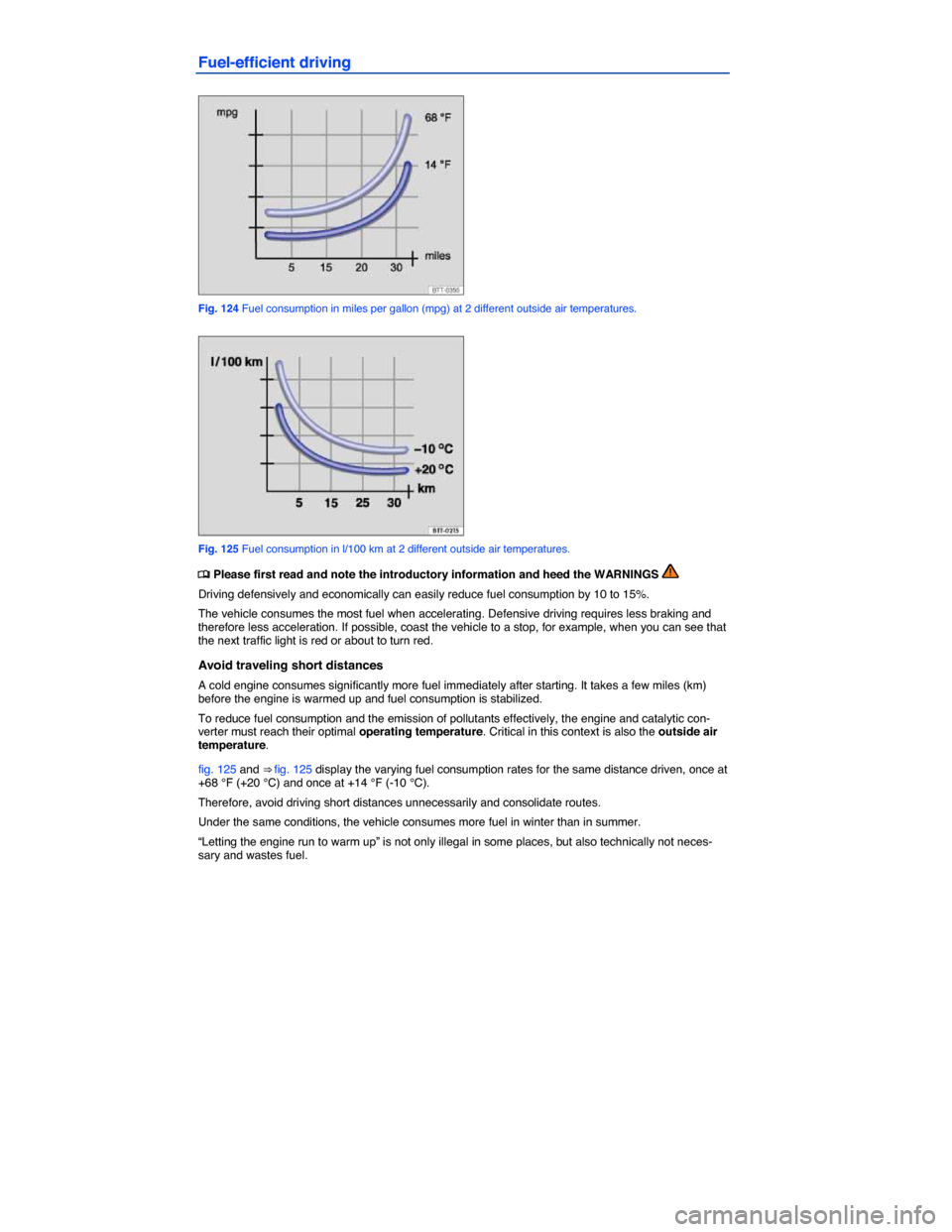 VOLKSWAGEN BEETLE 2015 3.G Owners Manual  
Fuel-efficient driving 
 
Fig. 124 Fuel consumption in miles per gallon (mpg) at 2 different outside air temperatures. 
 
Fig. 125 Fuel consumption in l/100 km at 2 different outside air temperature