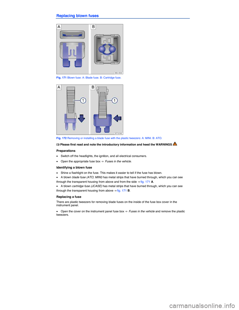 VOLKSWAGEN BEETLE 2015 3.G Owners Manual  
Replacing blown fuses 
 
Fig. 171 Blown fuse: A: Blade fuse. B: Cartridge fuse. 
 
Fig. 172 Removing or installing a blade fuse with the plastic tweezers: A: MINI. B: ATO. 
�