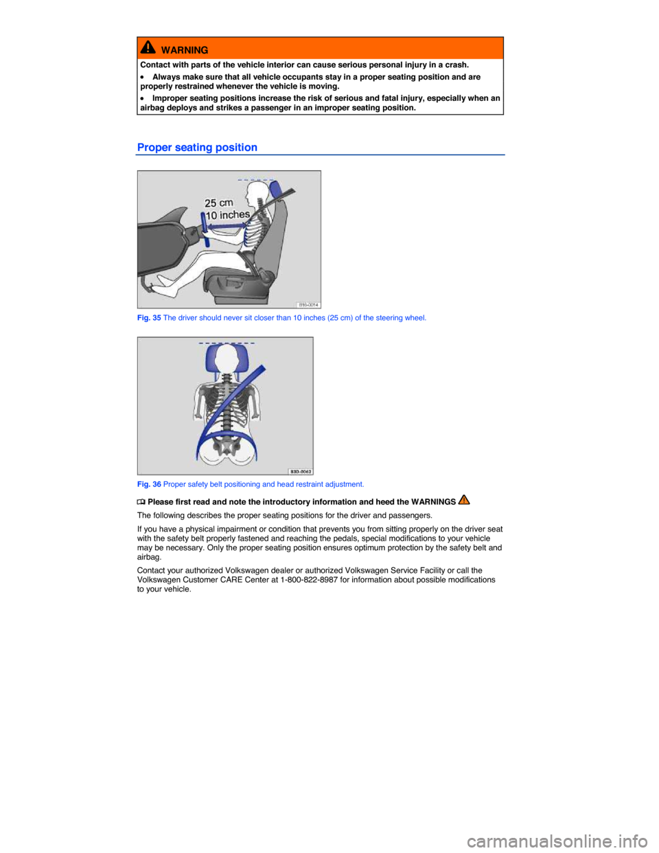 VOLKSWAGEN BEETLE 2015 3.G Owners Manual  
  WARNING 
Contact with parts of the vehicle interior can cause serious personal injury in a crash. 
�x Always make sure that all vehicle occupants stay in a proper seating position and are properly