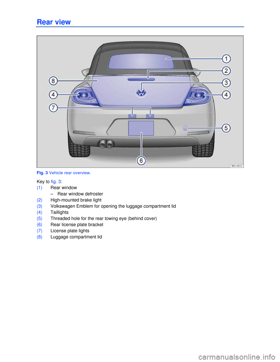 VOLKSWAGEN BEETLE CONVERTIBLE 2013 3.G Owners Manual  
Rear view 
 
Fig. 3 Vehicle rear overview. 
Key to fig. 3: 
(1) Rear window 
–  Rear window defroster  
(2) High-mounted brake light 
(3) Volkswagen Emblem for opening the luggage compartment lid 