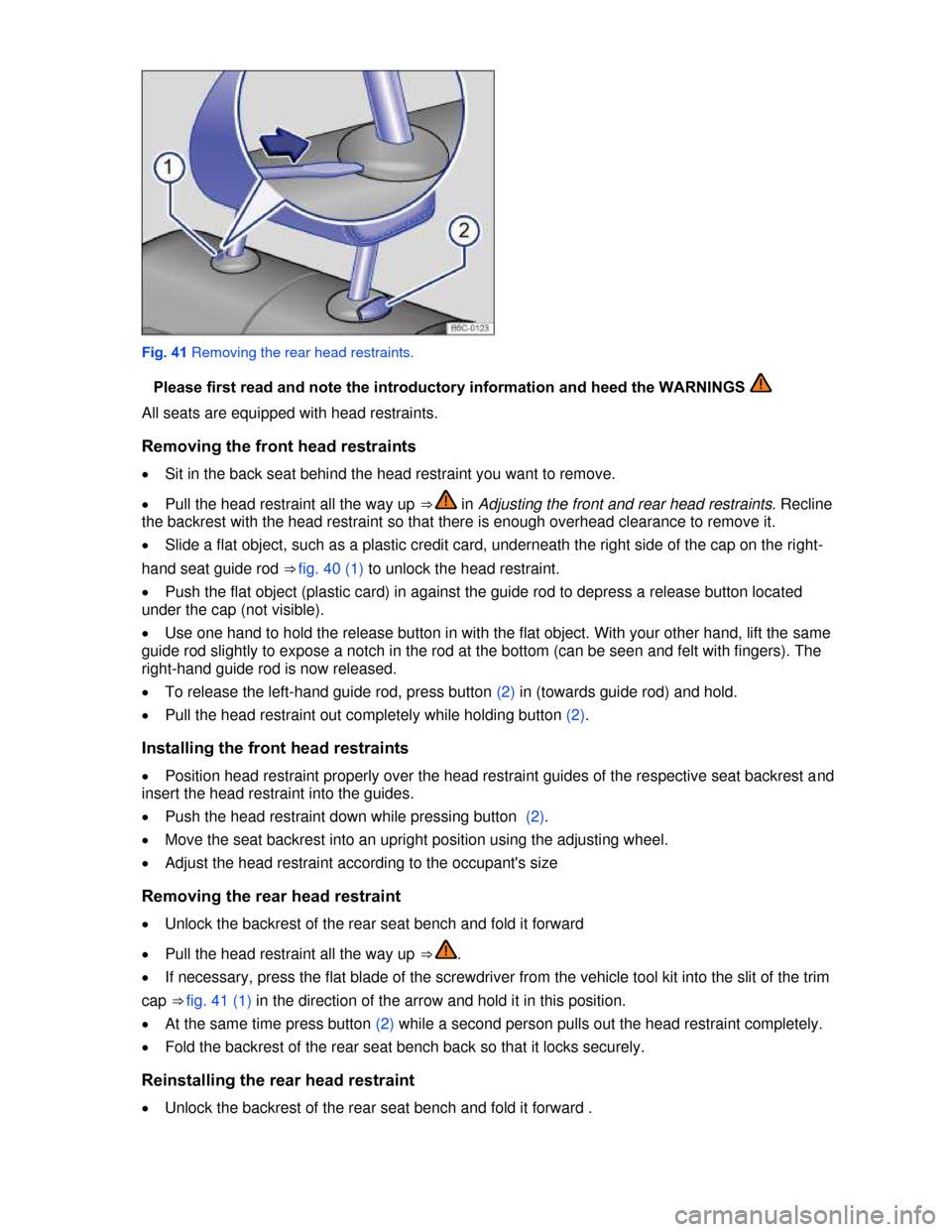 VOLKSWAGEN BEETLE CONVERTIBLE 2013 3.G Manual PDF  
 
Fig. 41 Removing the rear head restraints. 
�Please first read and note the introductory information and heed the WARNINGS   
All seats are equipped with head restraints. 
Removing the front head 