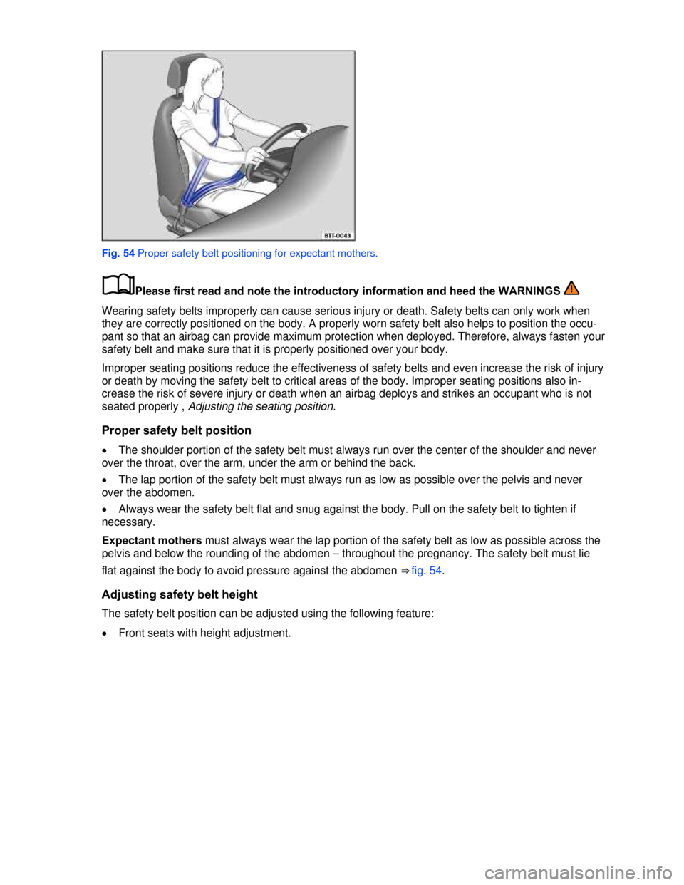 VOLKSWAGEN BEETLE CONVERTIBLE 2013 3.G Manual Online  
 
Fig. 54 Proper safety belt positioning for expectant mothers. 
�