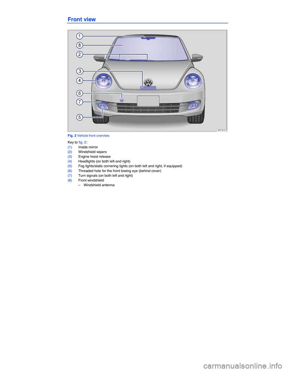 VOLKSWAGEN BEETLE CONVERTIBLE 2014 3.G Owners Manual  
Front view 
 
Fig. 2 Vehicle front overview. 
Key to fig. 2: 
(1) Inside mirror  
(2) Windshield wipers  
(3) Engine hood release  
(4) Headlights (on both left and right)  
(5) Fog lights/static co