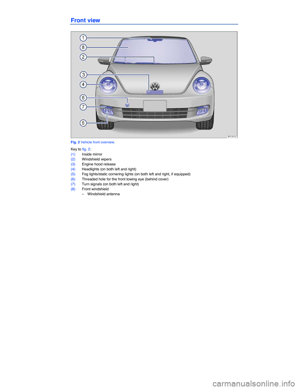 VOLKSWAGEN BEETLE CONVERTIBLE 2014 3.G Owners Manual  
Front view 
 
Fig. 2 Vehicle front overview. 
Key to fig. 2: 
(1) Inside mirror  
(2) Windshield wipers  
(3) Engine hood release  
(4) Headlights (on both left and right)  
(5) Fog lights/static co