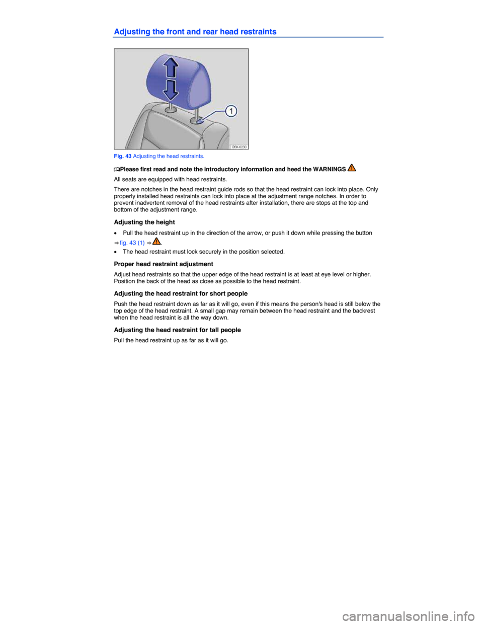 VOLKSWAGEN BEETLE CONVERTIBLE 2014 3.G Manual PDF  
Adjusting the front and rear head restraints 
 
Fig. 43 Adjusting the head restraints. 
�