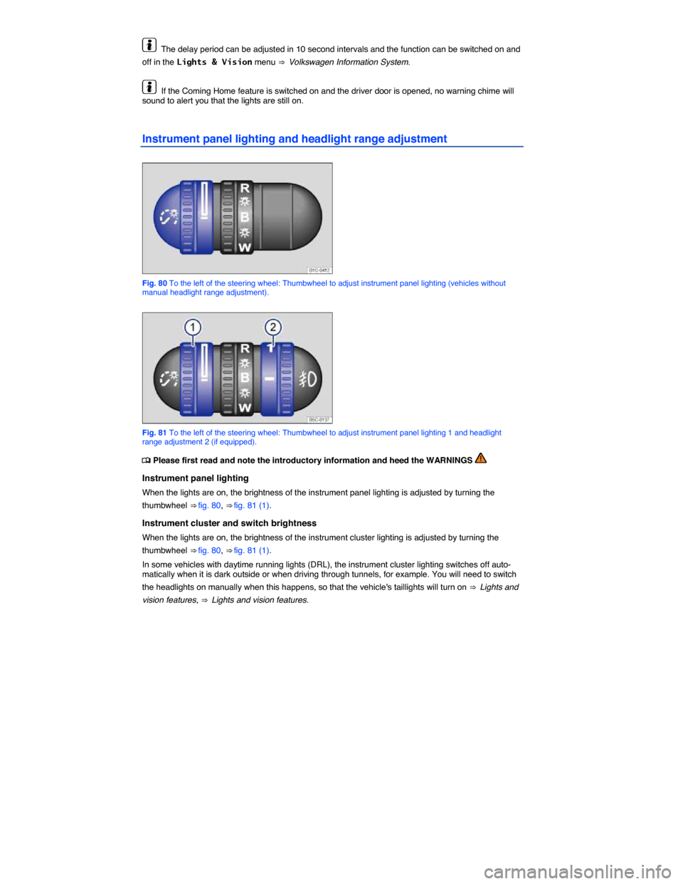 VOLKSWAGEN BEETLE CONVERTIBLE 2015 3.G Owners Manual  
  The delay period can be adjusted in 10 second intervals and the function can be switched on and 
off in the Lights & Vision menu ⇒  Volkswagen Information System. 
  If the Coming Home feature